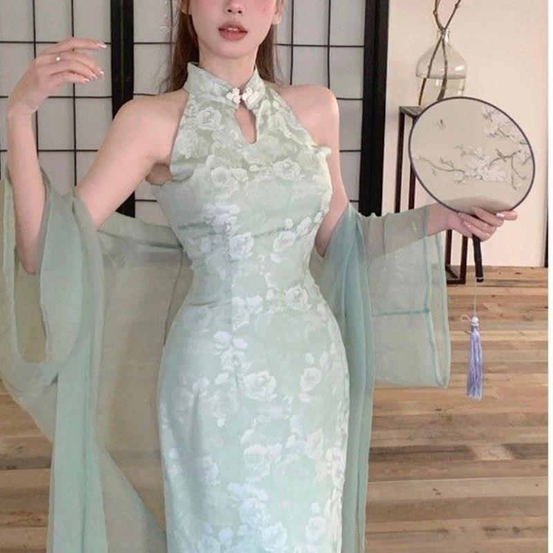 简遇luck品质女装新中式国风清冷感绿色改良旗袍性感夏季新款女装