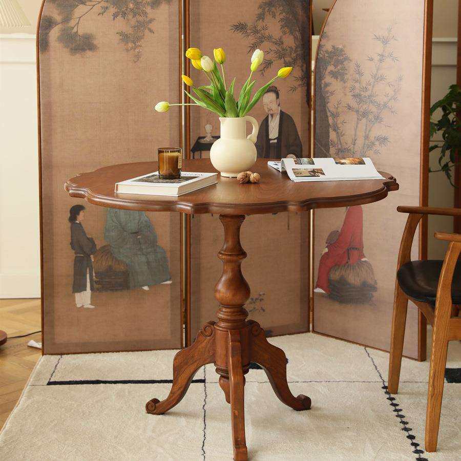 法式乡村复古实木圆桌小户型家用餐桌客厅美式轻奢简约雕花边几