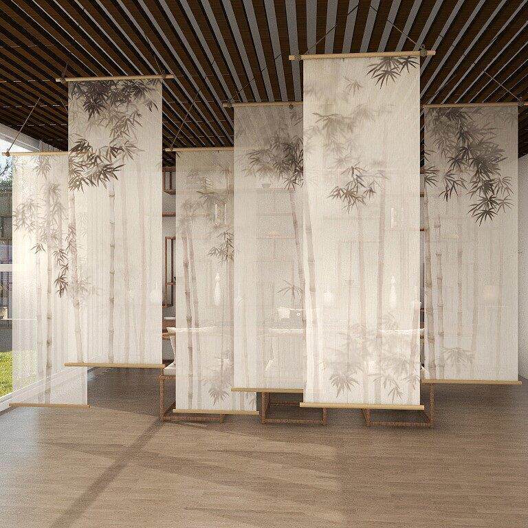 新中国风竹画麻绳吊电动滚筒盲茶室宋代美学隔断装饰可调屏风窗帘