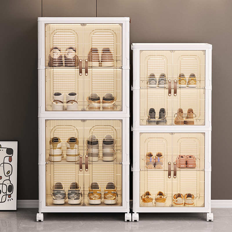 透明可折叠免安装收纳柜子可移动带轮子大容量轻奢防尘双开门鞋柜
