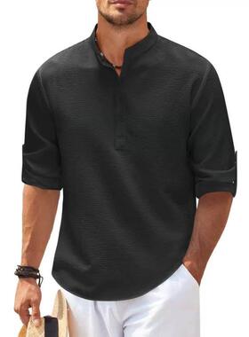 Long sleeved standing collar pure men's shirt casual men