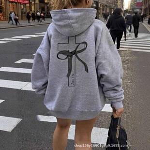 Women's Hooded Sweatshirt with Bowknot and Cross Print