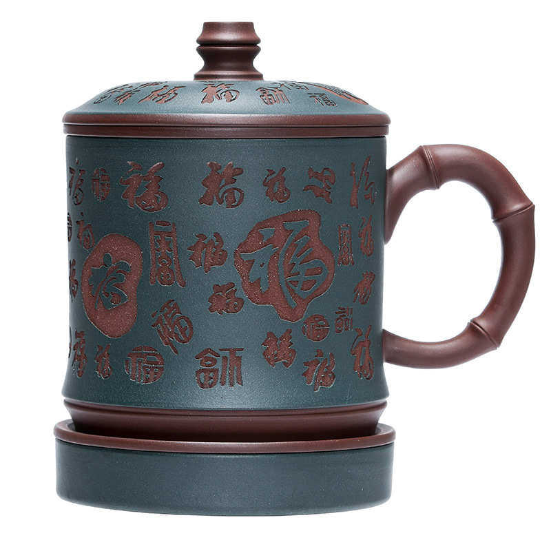 批发宜兴紫砂茶杯全手工百福原矿老紫泥带过滤芯办公室泡茶礼品杯