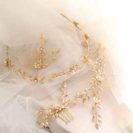 薇薇安设计欧美风复古简约金叶，搪瓷发箍新娘发带发梳发簪组合发饰