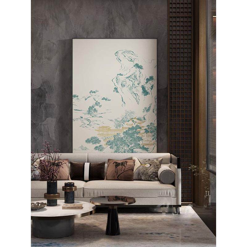 书房茶室新中式古典客厅装饰画蓝色山水抽象入户玄关壁画竖版挂画