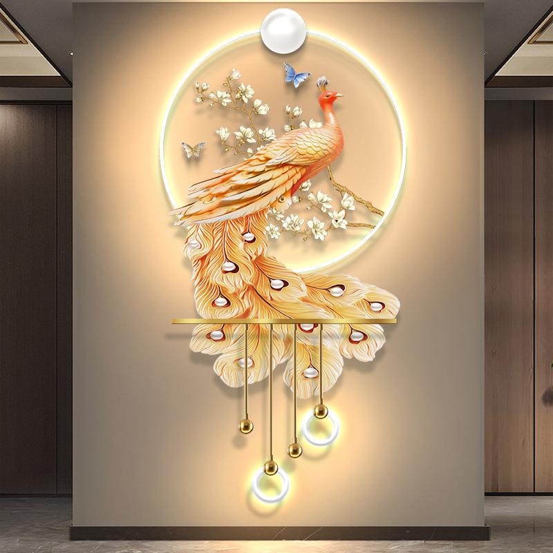 孔雀现代轻奢玄关装饰画感应LED灯光挂画走廊立体发光艺术壁灯