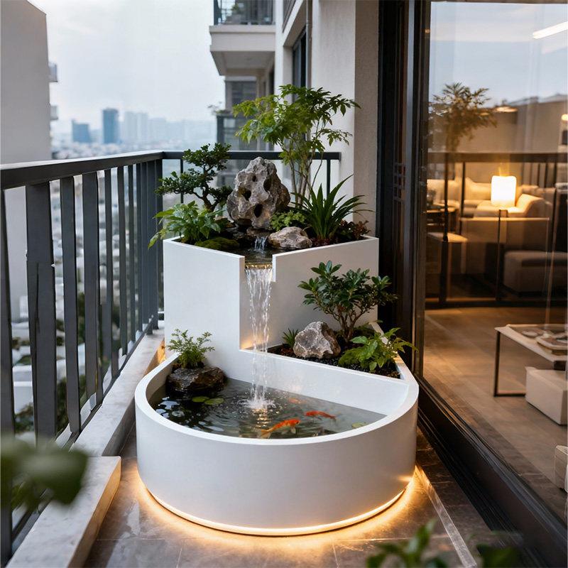 阳台不锈钢鱼池花箱金属流水摆件室外露台庭院水景瀑布镜月池