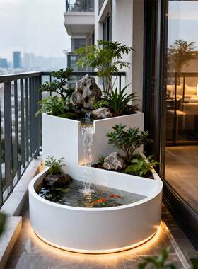 阳台不锈钢鱼池花箱金属流水摆件室外露台庭院水景瀑布镜月池