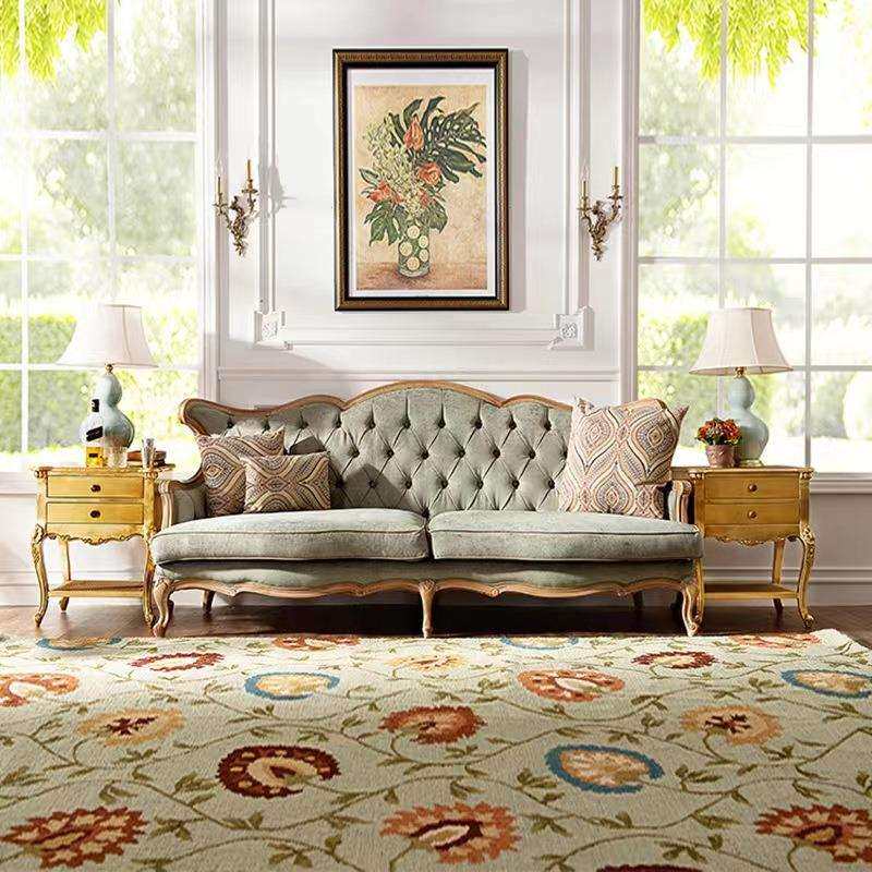 美式实木布艺沙发椅三人位客厅小户型法式复古欧式高靠背雕花拉扣