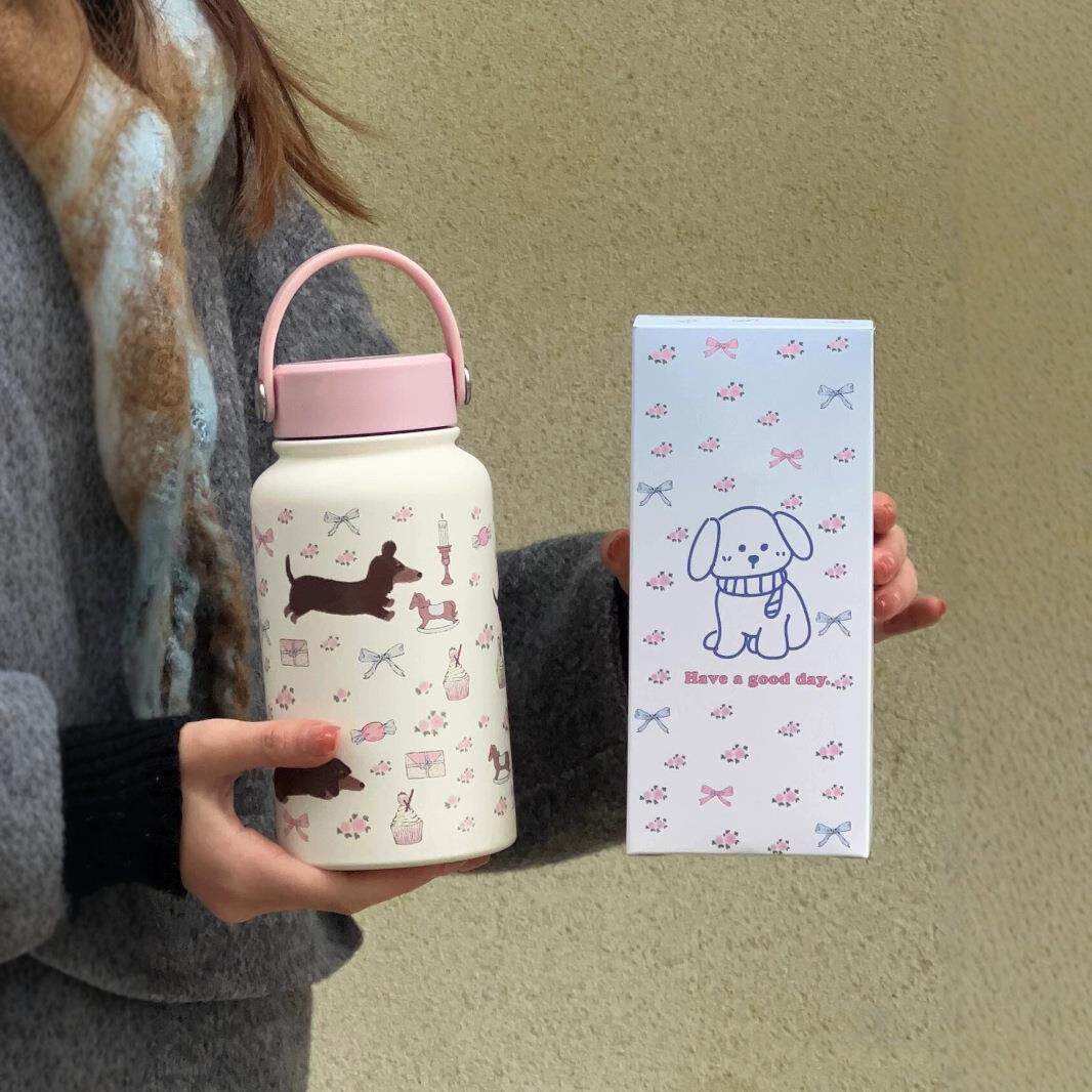 奶油风插画保温杯新款可爱不锈钢水杯女生高颜值大容量便携水壶