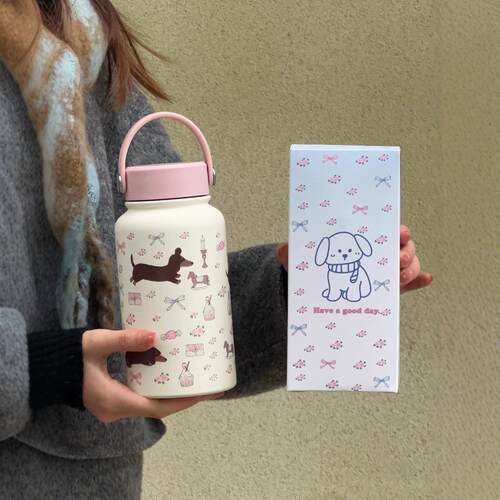 奶油风插画保温杯新款可爱不锈钢水杯女生高颜值大容量便携水壶