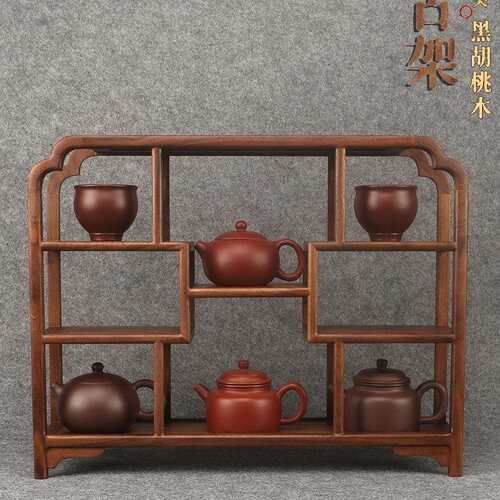 博古架小型多宝阁北美黑胡桃木新中式茶具收纳架实木桌面置物架L&