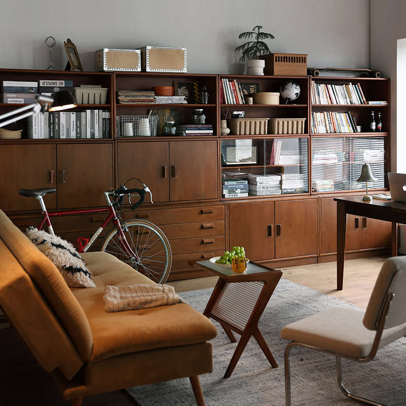 实木书柜北欧整墙组合储物收纳黄杨木客厅复古落地书架玻璃展示柜