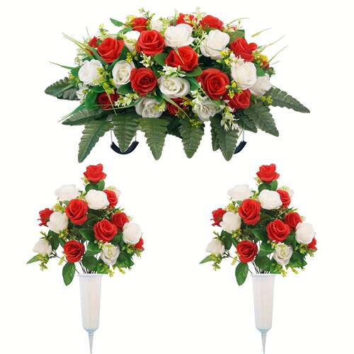 热销爆款仿真绢布塑料花卉墓碑装饰石榴玫龙舟加把束套装