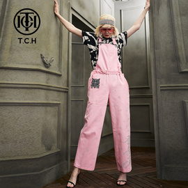 t.c.h轻奢潮牌长裤粉色，甜美宽松烫钻个性牛仔背带裤女t212203008