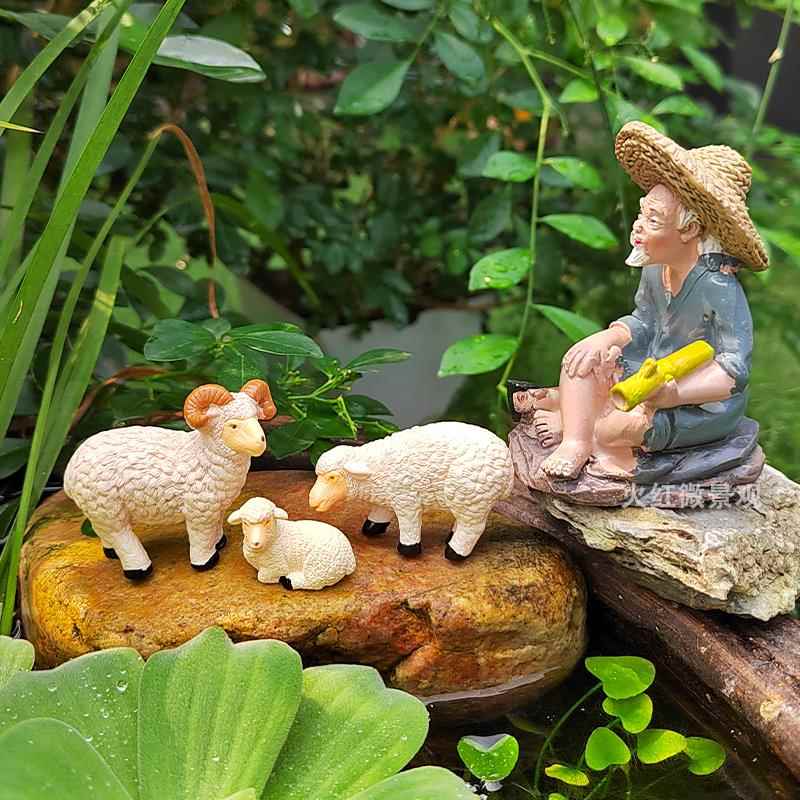 彷真绵羊山羊小羊农民农夫摆件植物苔藓盆景微景观造景假山装饰品