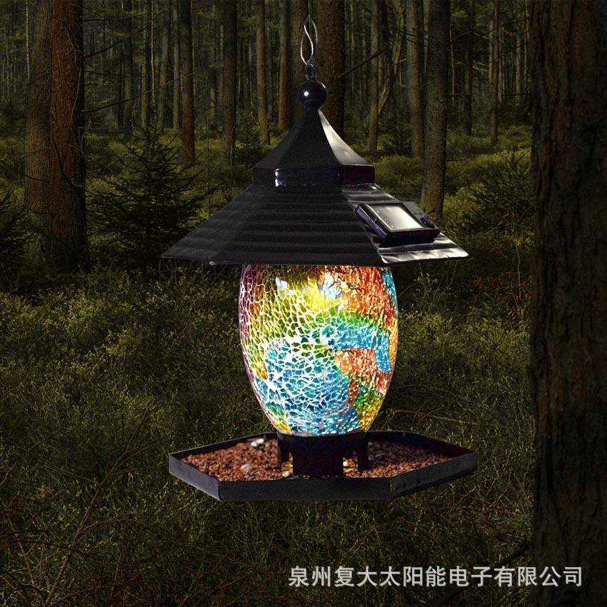 户外太阳能马赛克喂鸟器 六边形铁艺鸟类喂食器室外悬挂LED喂鸟灯