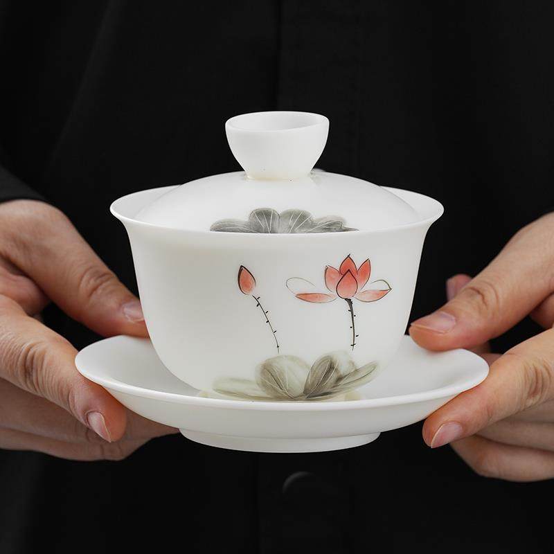 德化猪油白羊脂玉三才盖碗素烧白瓷手绘单个茶杯大号家用功夫茶具,餐饮具,盖碗,淘宝优惠券,粉丝福利购,淘宝优惠卷