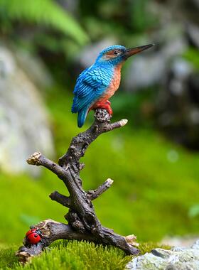 创意小鸟摆件可爱彷真动物翠鸟站树枝花园盆景装饰树脂工艺礼品摆
