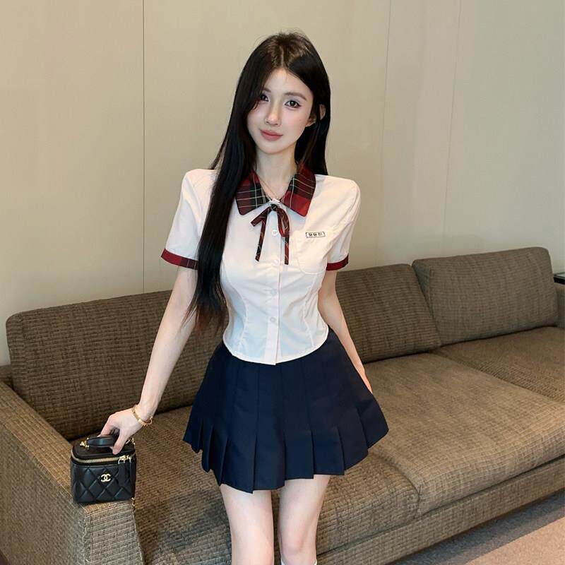 足浴技师工作服足疗高端养生馆年轻款翻领短袖白衬衫女蓝色百褶裙