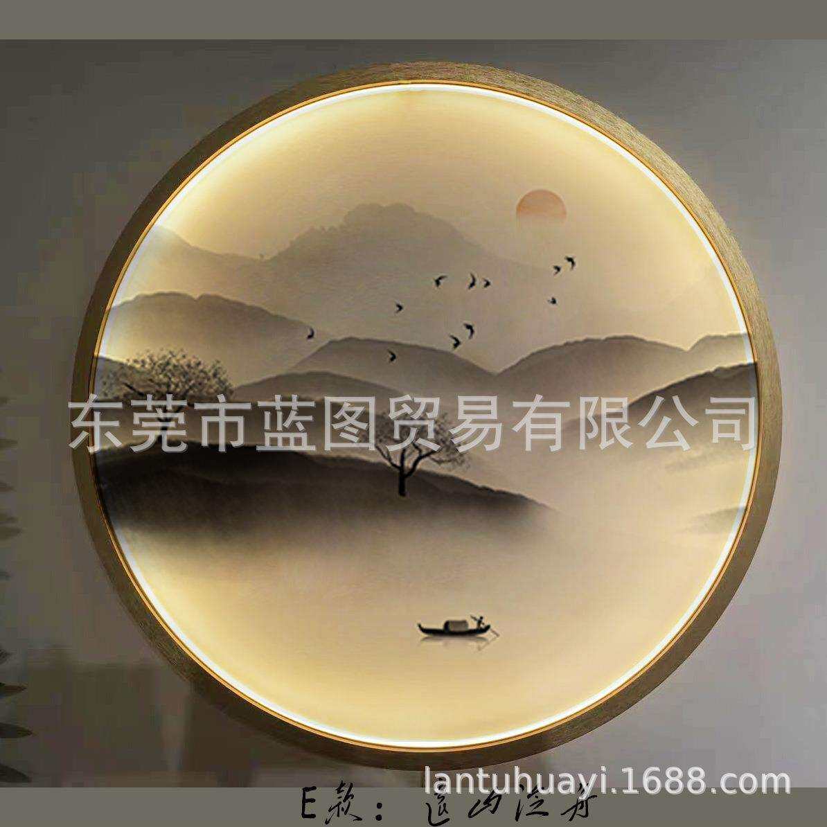 新中式圆形半透明纱布装饰画发光电池挂画玄关屏风隔断软装设计