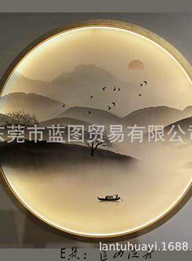 新中式圆形半透明纱布装饰画发光电池挂画玄关屏风隔断软装设计