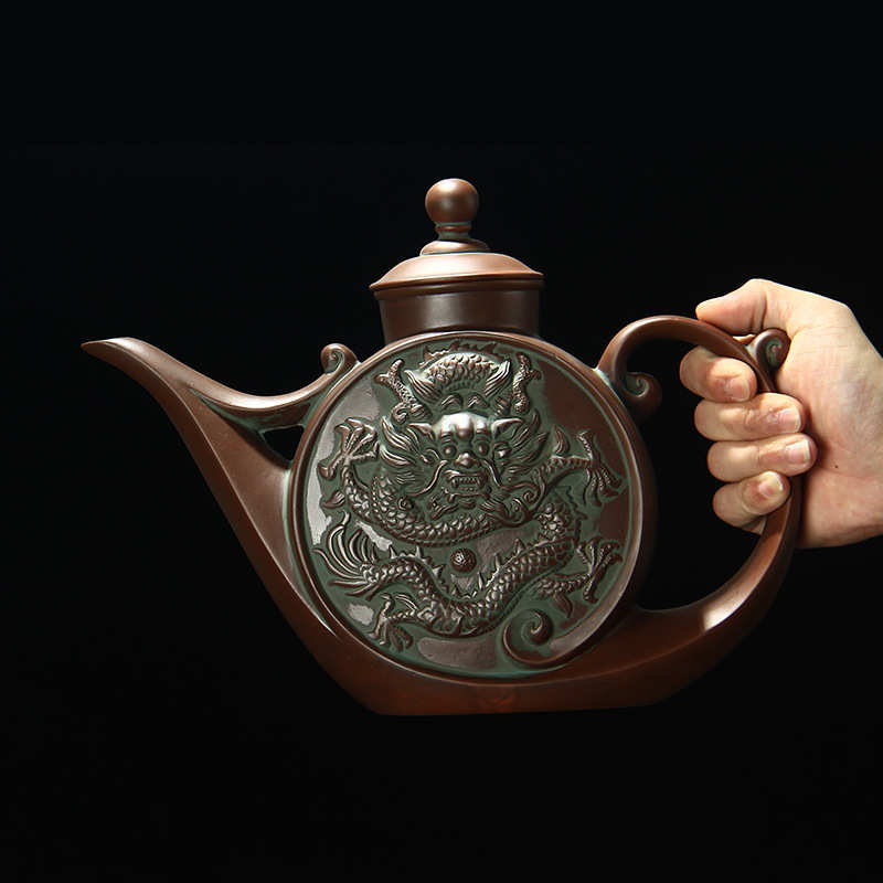 特大号宜兴纯手工紫砂茶壶1500ml盘龙壶朱泥泡茶器功夫茶壶中国风