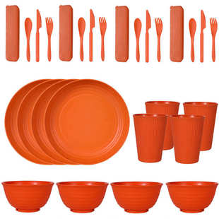 货源户外餐具筷子小麦杯子勺礼品秸秆碗碟pp盘刀叉套装便携