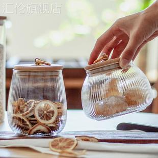 铜环竖纹玻璃茶叶罐民宿家用竹盖密封咖啡罐收纳储物罐干果花茶罐