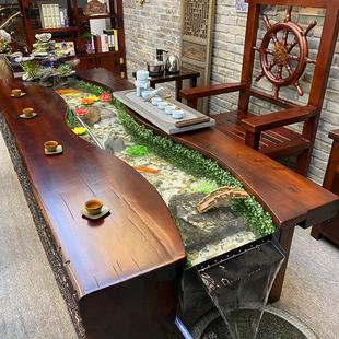 S閶1老船木茶桌椅组合实木新中式泡茶台客厅禅意流水养鱼茶几鱼缸