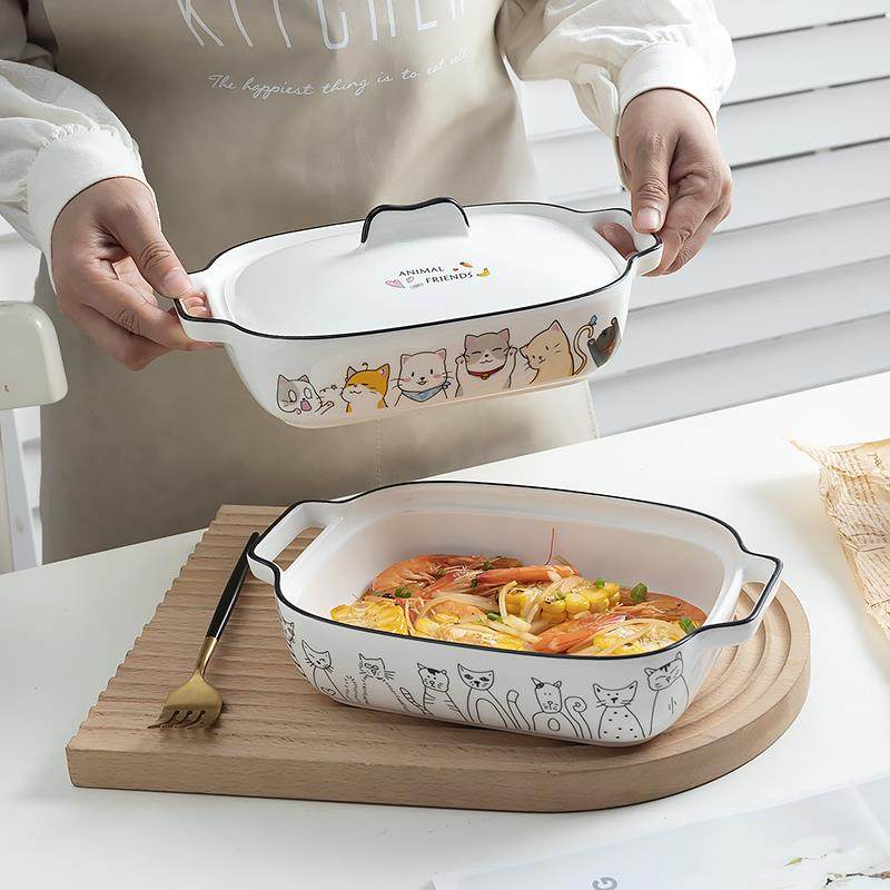 烤盘带盖子芝士焗烤饭碗陶瓷双耳烤碗可微波炉烤箱盘子长方形家用