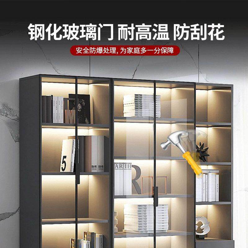 书柜带家用玻YAN灯璃门客厅一P体整墙现代轻奢可订储物柜书架带展