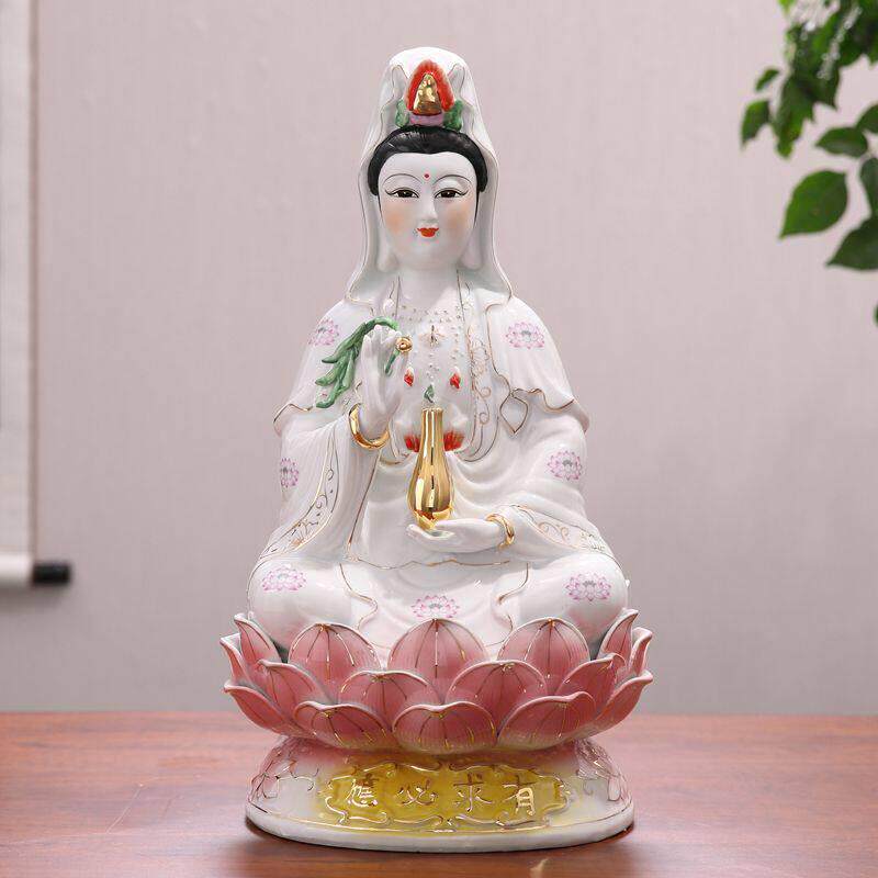 家用南海观音菩萨像坐莲观世音菩萨摆件白玉像陶瓷烤漆不退色