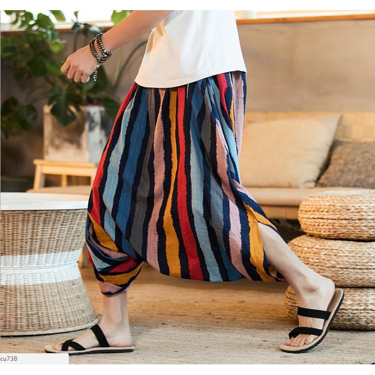 Large size mens hanging crotch pants wide leg big striped