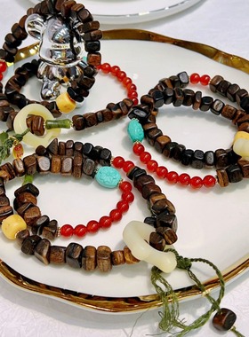 小众231011-0式沉驼香双圈流搭苏手串配红玛瑙和骨跑环随形沉香佛