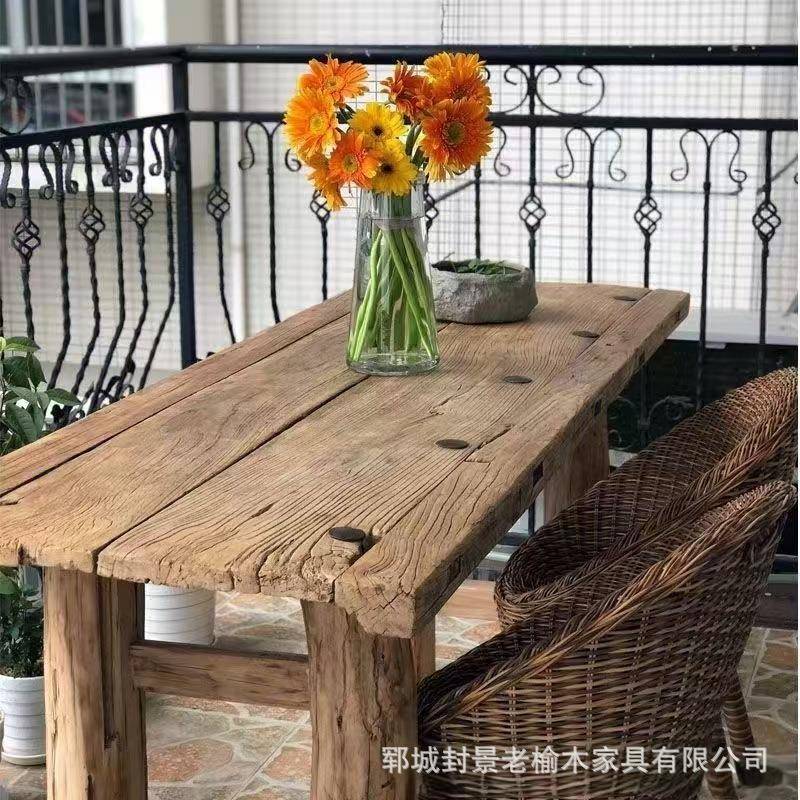 老榆木门板茶桌化民宿泡茶台风复古怀旧方形餐桌家用茶泡桌茶FJ25