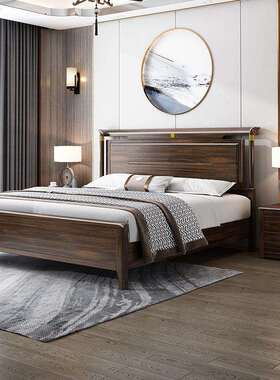 新中式乌金木实木床1.8米双人床轻高端奢A21#民宿高带储箱物主卧