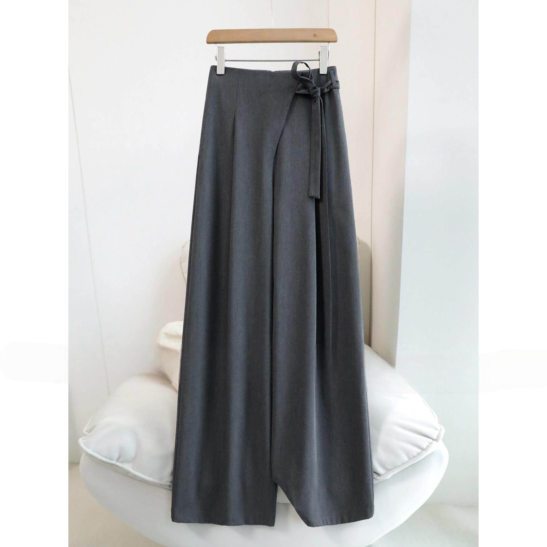 轻奢斜门襟高级灰垂顺直筒西裤女春夏季新款显高显瘦阔腿甩裤子