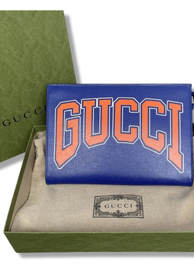 98新未使用 古驰GUCCI蓝色牛皮涂鸦字母logo手拿包男包 原价8500