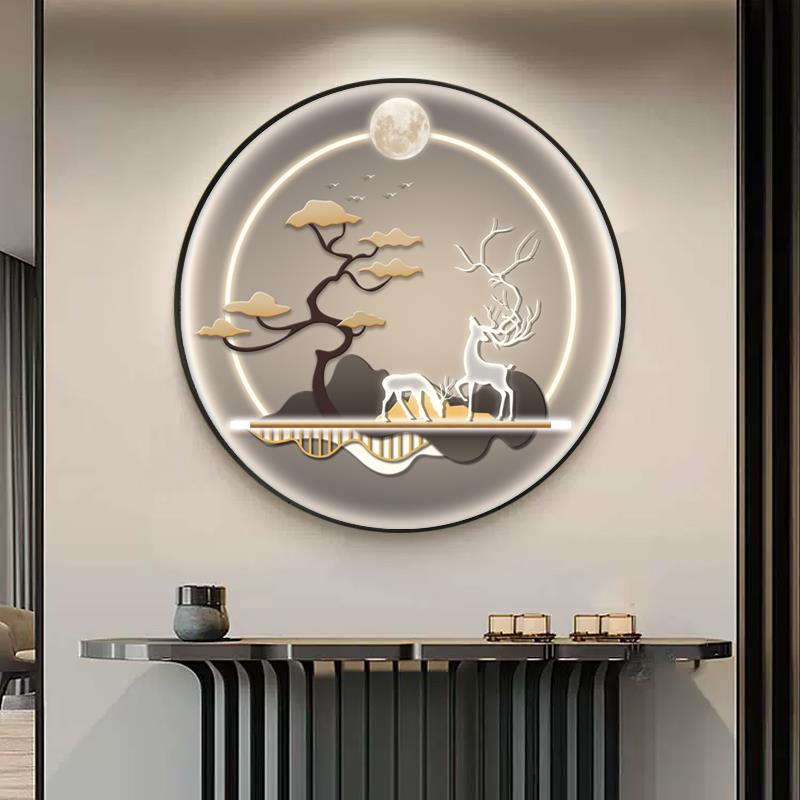轻奢圆形玄关装饰画 画麋鹿客厅走廊卧室创意壁画 画大气饭厅挂画图片