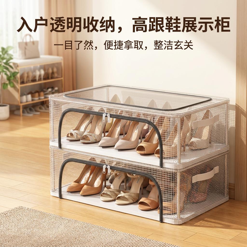 鞋子收纳床底透明鞋盒不占空间可叠加防尘可折叠放靴省空间存放盒图片