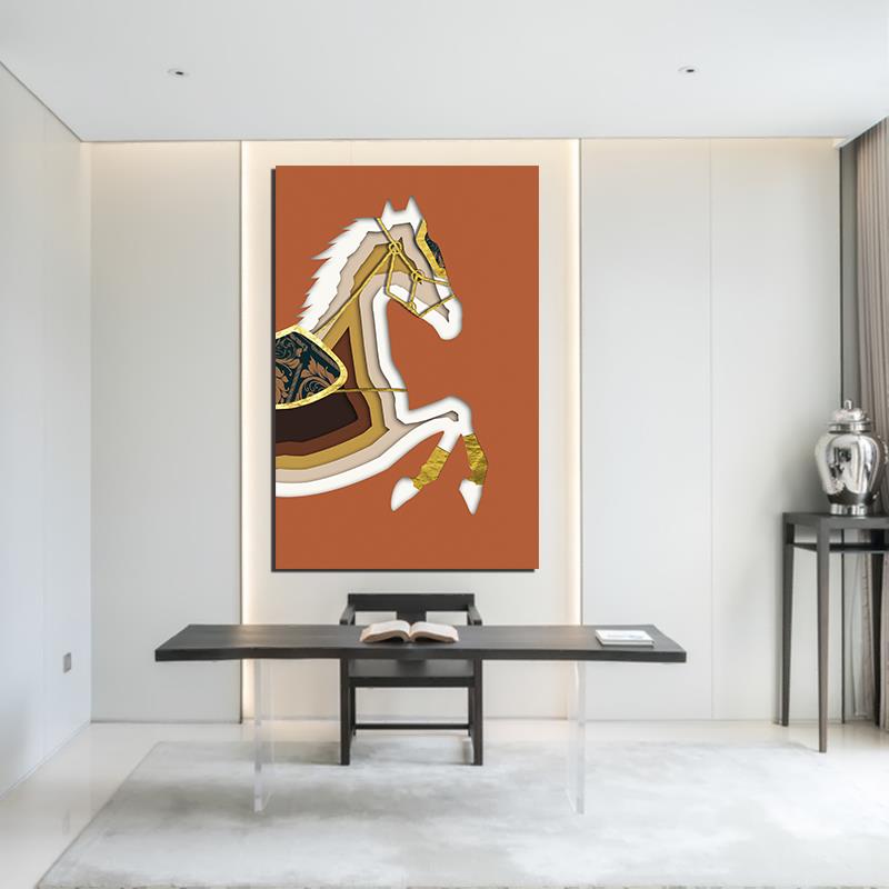 骏马入户玄关装饰画过道贴画竖版现代轻奢客厅沙发背景墙防水挂画图片
