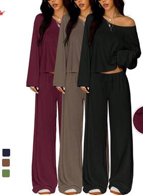 Women's Two-Piece Long Sleeve Top & Wide Leg Pants Set,