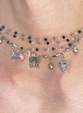 孤月原创设计紫葡萄贝母小猫多层项链 钛钢颈链男女通用 流行饰品