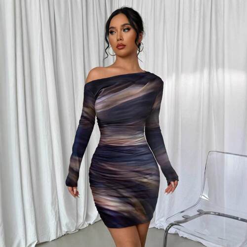Elegant Chic Women's Gradient Color Ruched Mesh Bodycon Long