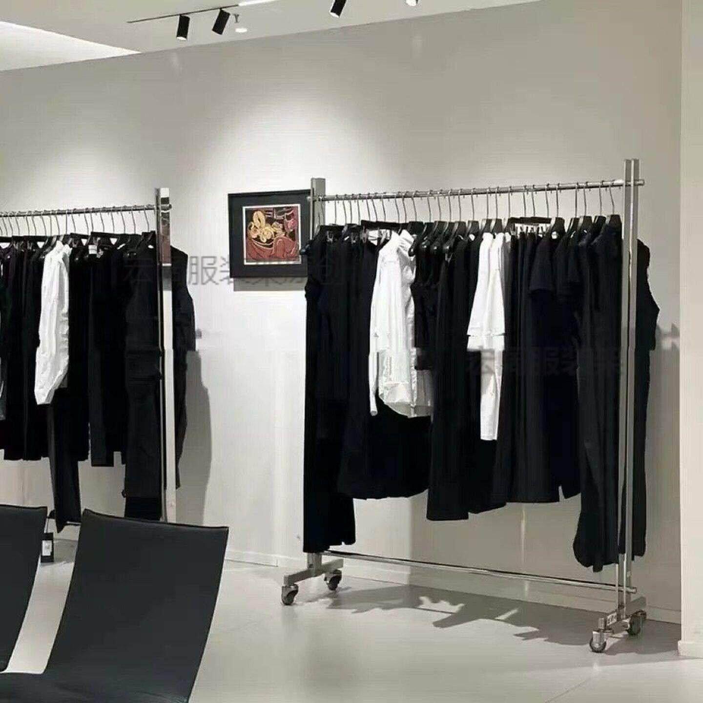服装展示架落地封釉防指纹女装店货架男装挂衣架不锈钢可移动轮子