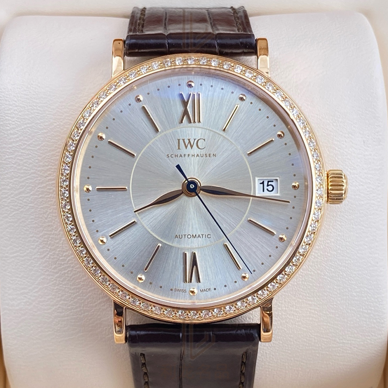 一口价98新万国柏涛菲诺37MM原镶钻玫瑰金机械手表女表IW458107