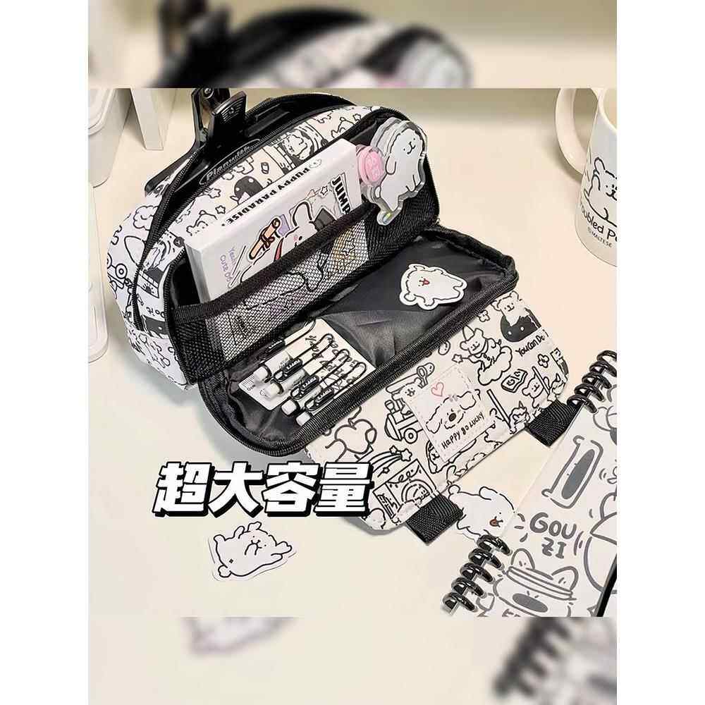 新款ins日系大容量笔袋高颜值黑白线条小狗初中女学生文具袋设计感小众收纳包可爱韩版卡通简约多功能铅笔盒