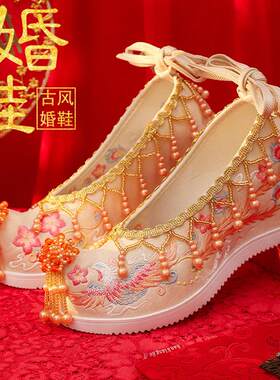 金色婚鞋高跟中式秀禾婚鞋明制古风红色汉服新娘结婚绣花鞋女布鞋