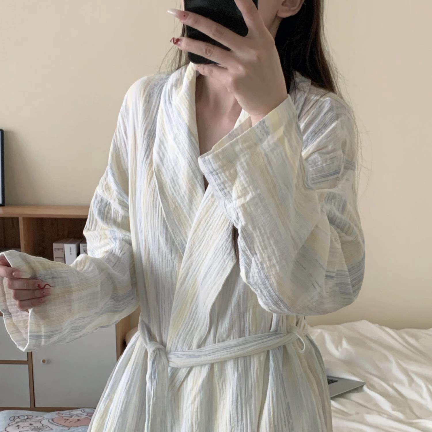 ins休闲 条纹棉纱睡衣女春秋季2025新款浴袍双层纱睡袍家居服春款